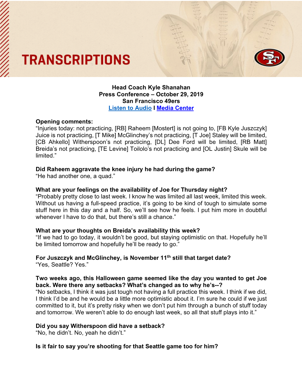 Head Coach Kyle Shanahan Press Conference – October 29, 2019 San Francisco 49Ers Listen to Audio I Media Center