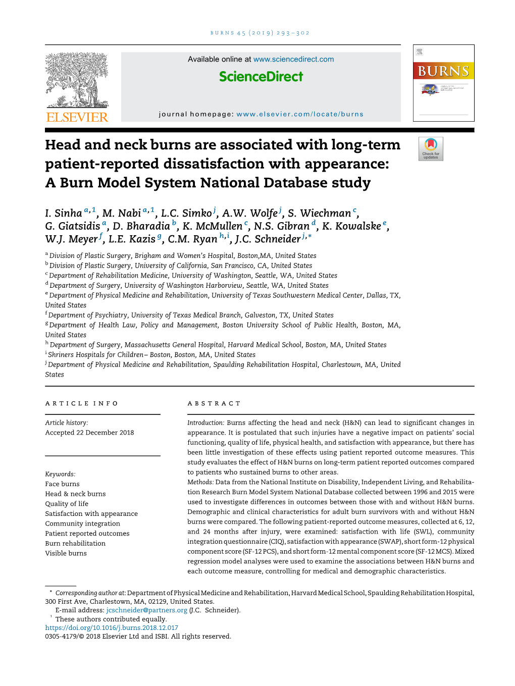 Head and Neck Burns Are Associated with Long-Term Patient-Reported