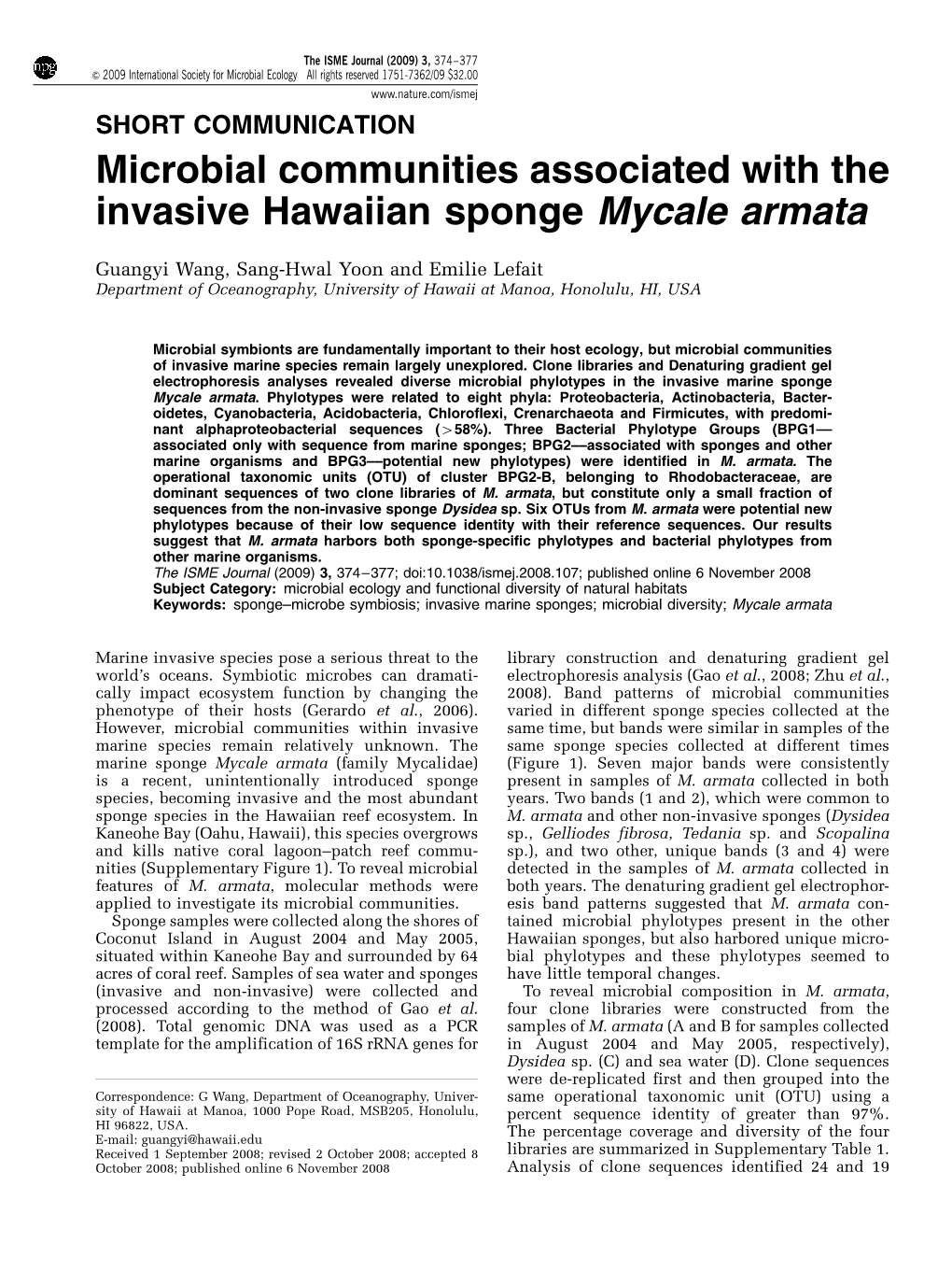Microbial Communities Associated with the Invasive Hawaiian Sponge Mycale Armata