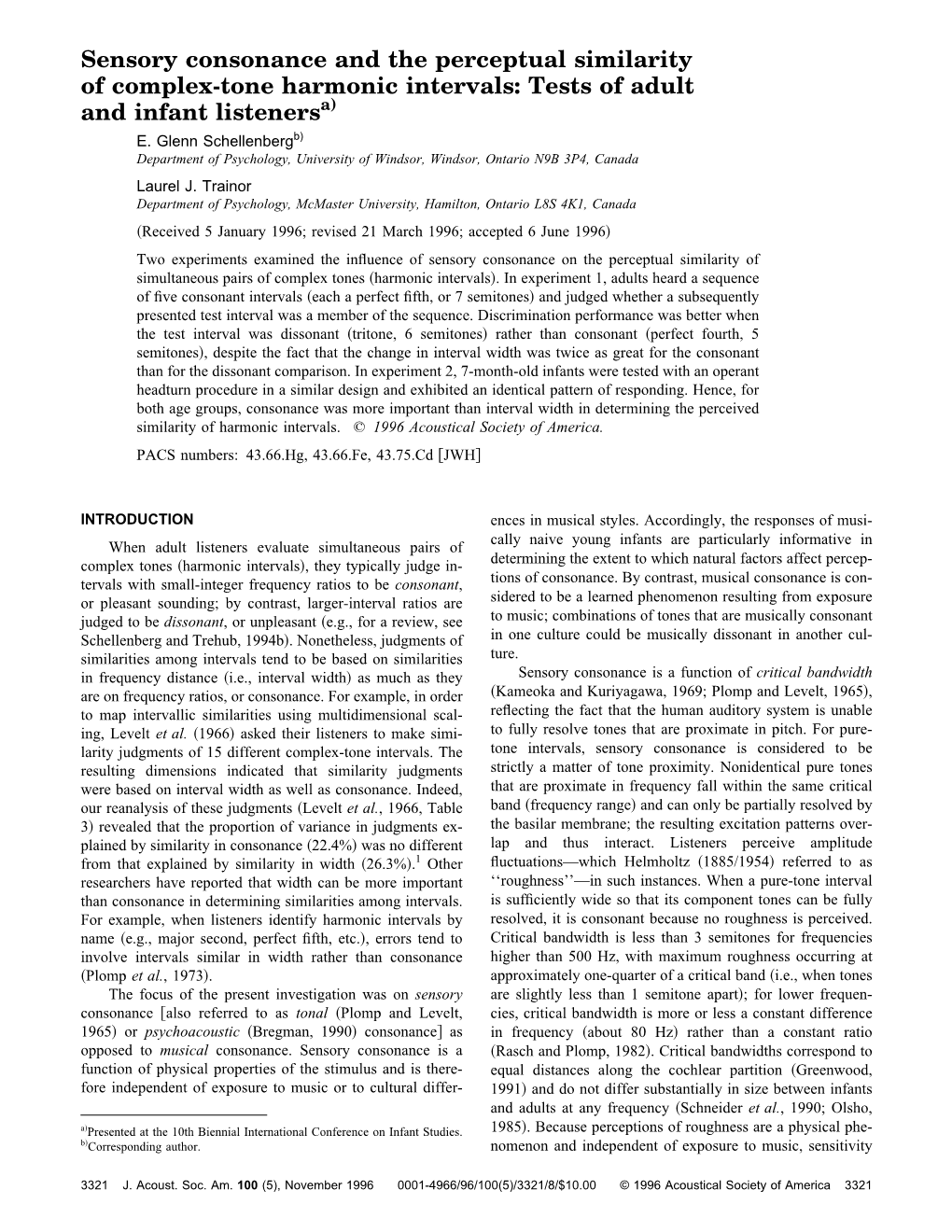 Sensory Consonance and the Perceptual Similarity of Complex-Tone Harmonic Intervals: Tests of Adult and Infant Listenersa) E