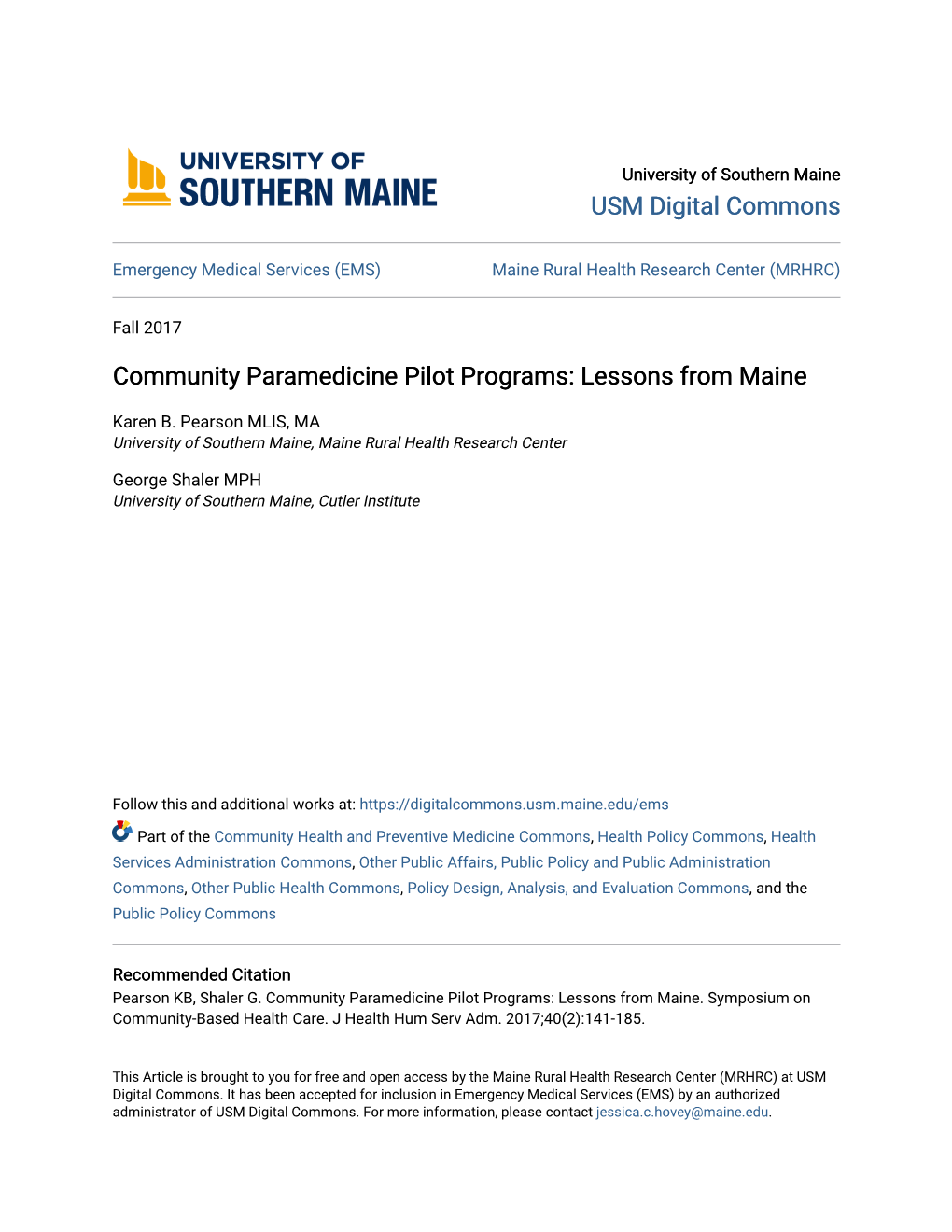 Community Paramedicine Pilot Programs: Lessons from Maine