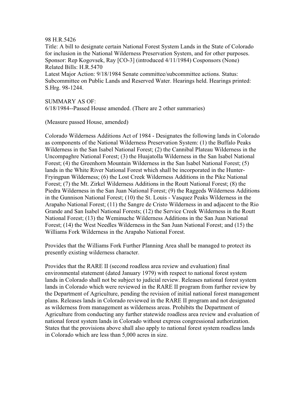 A Bill to Designate Certain National Forest System Lands in the State of Colorado for Inclusion in the National Wilderness Preservation System, and for Other Purposes