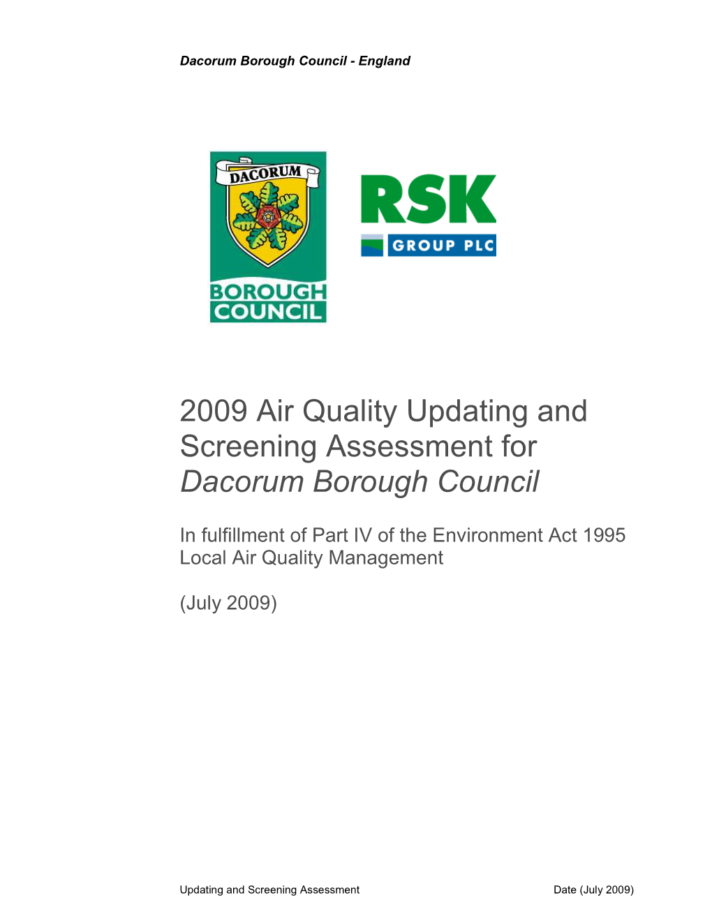 2009 Air Quality Updating and Screening Assessment for Dacorum Borough Council