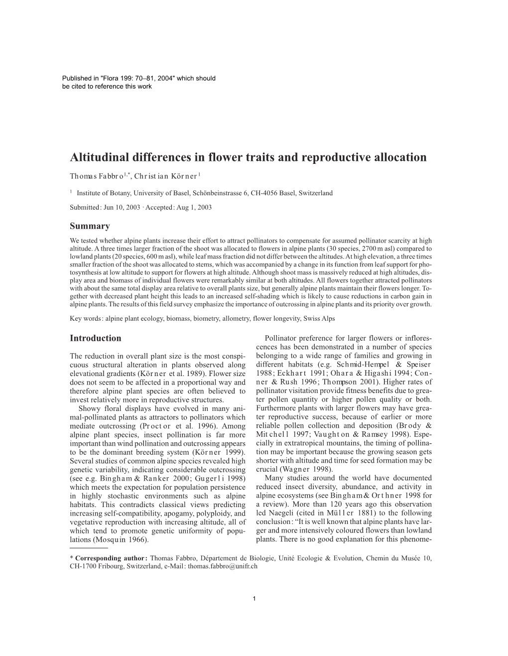 Altitudinal Differences in Flower Traits and Reproductive Allocation