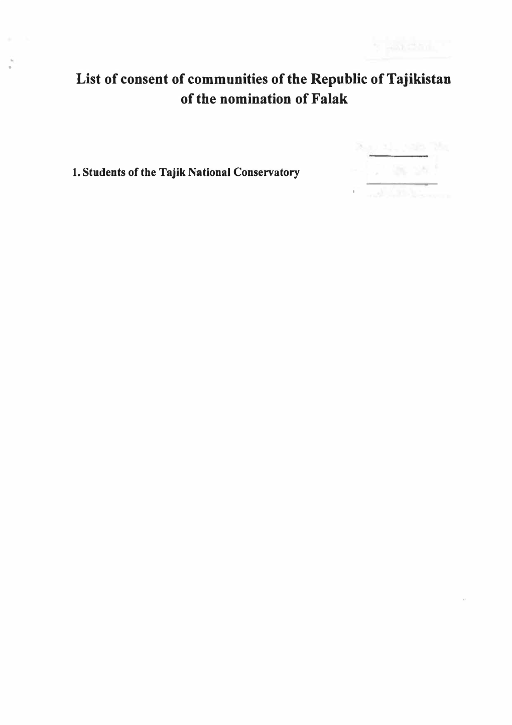 List of Consent of Communities of the Republic of Tajikistan of the Nomination of Falak
