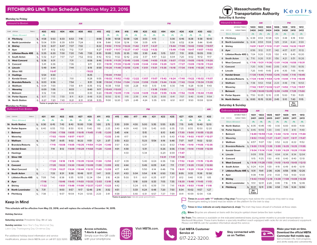 FITCHBURG LINE Schedule Effective May 23, 2016