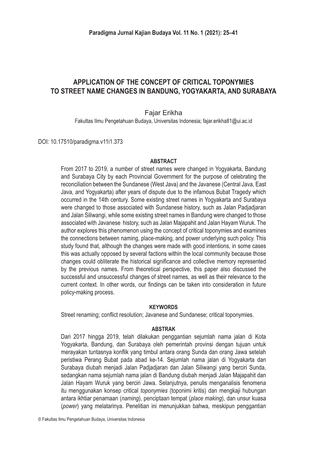 Application of the Concept of Critical Toponymies to Street Name Changes in Bandung, Yogyakarta, and Surabaya