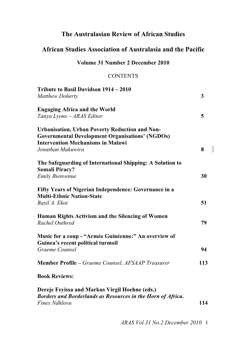 The Australasian Review of African Studies African Studies Association