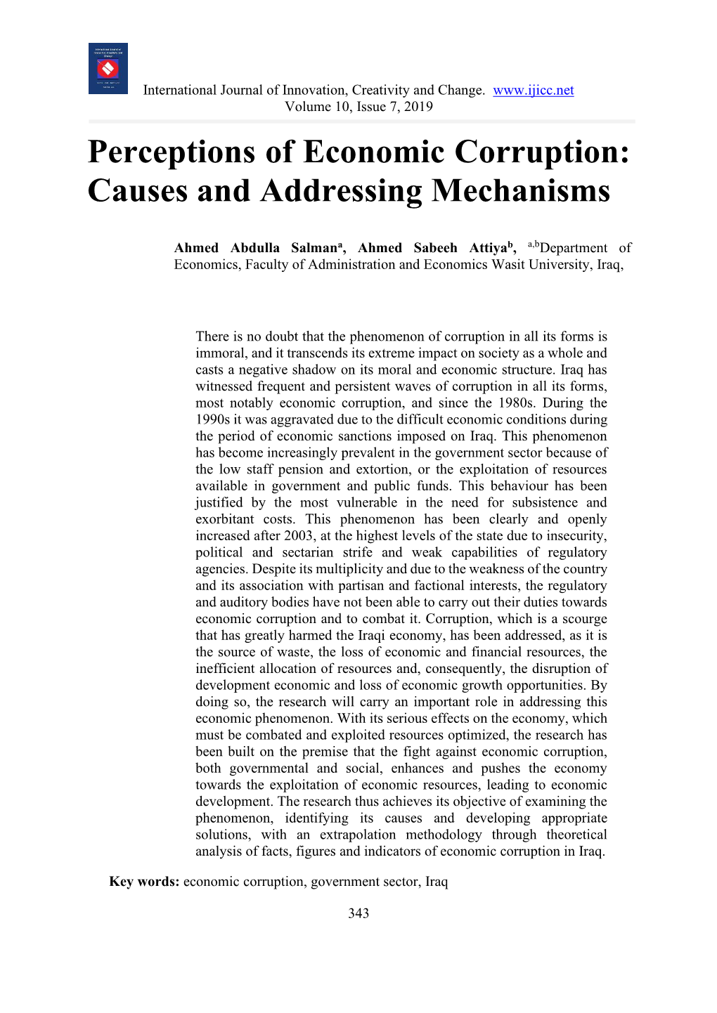 Perceptions of Economic Corruption: Causes and Addressing Mechanisms