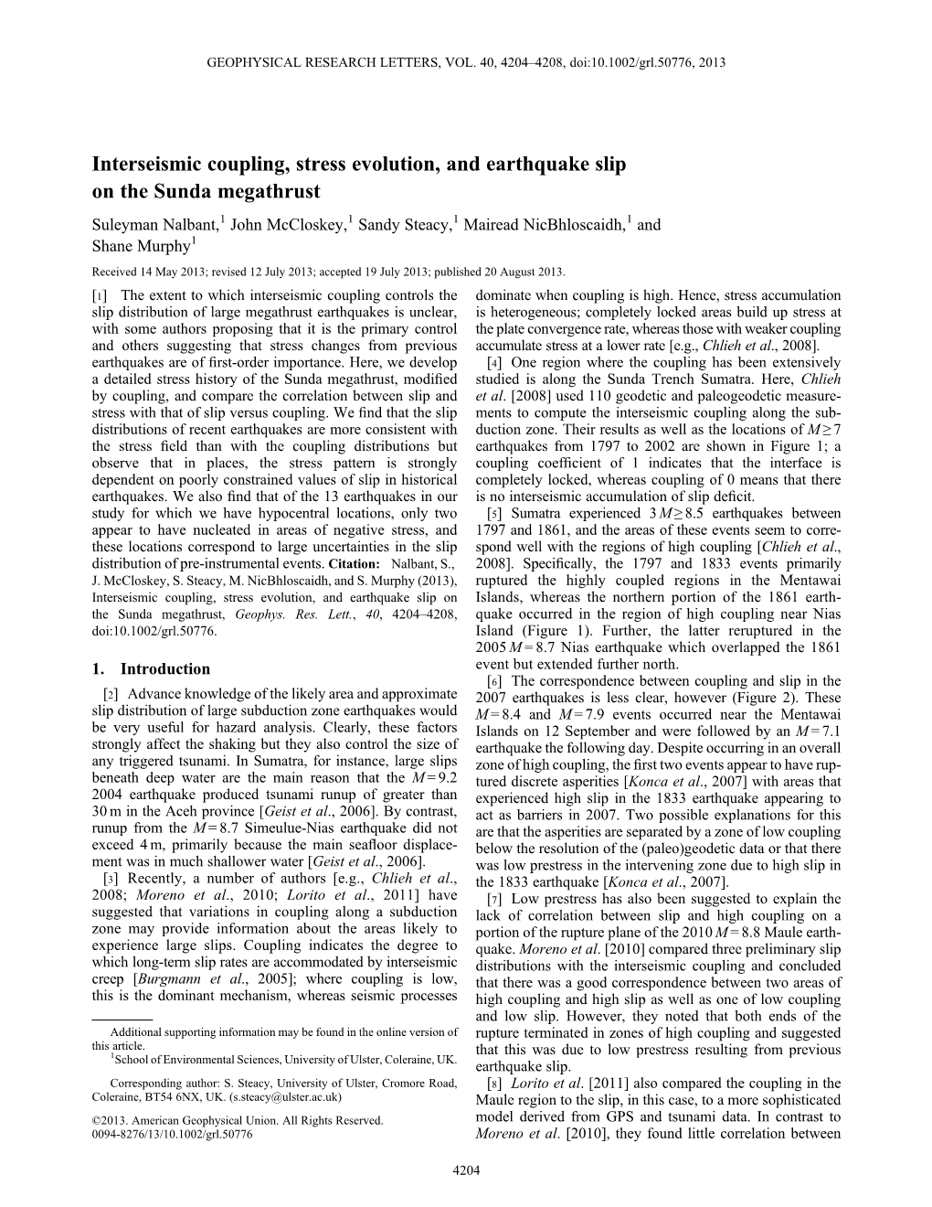 Interseismic Coupling, Stress Evolution, and Earthquake Slip On