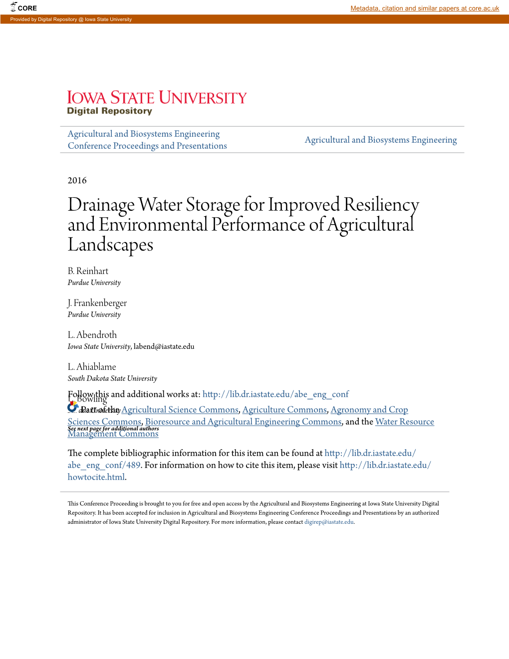 Drainage Water Storage for Improved Resiliency and Environmental Performance of Agricultural Landscapes B