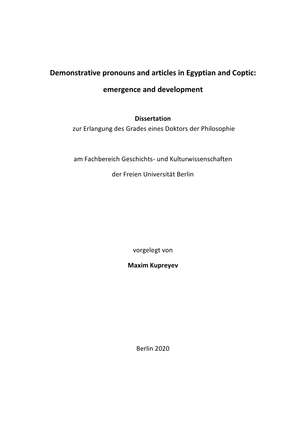 Demonstrative Pronouns and Articles in Egyptian and Coptic