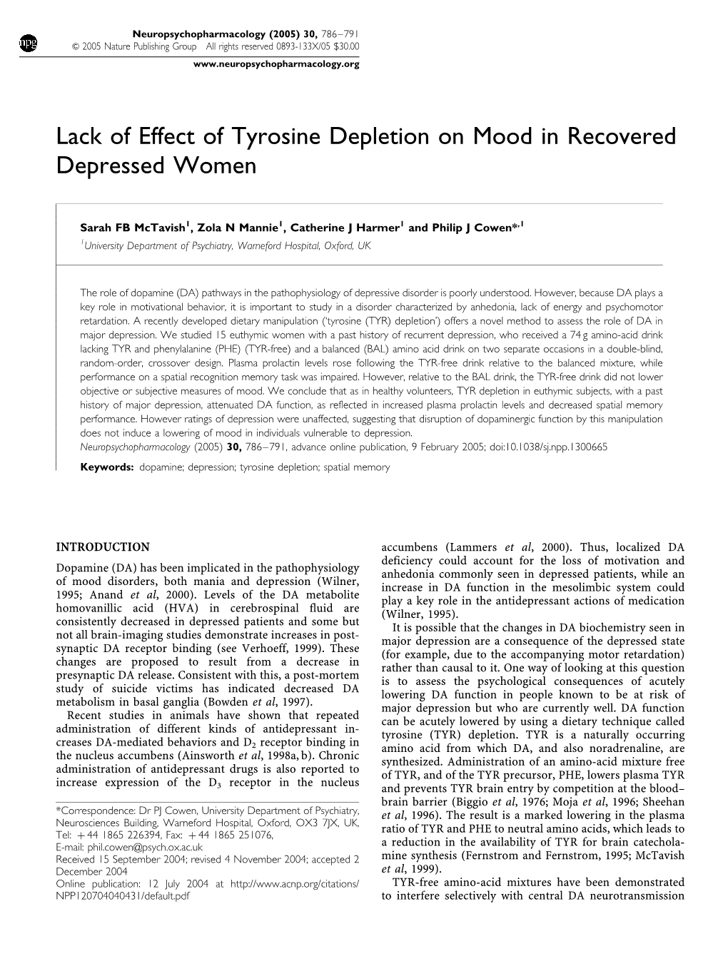 Lack of Effect of Tyrosine Depletion on Mood in Recovered Depressed Women