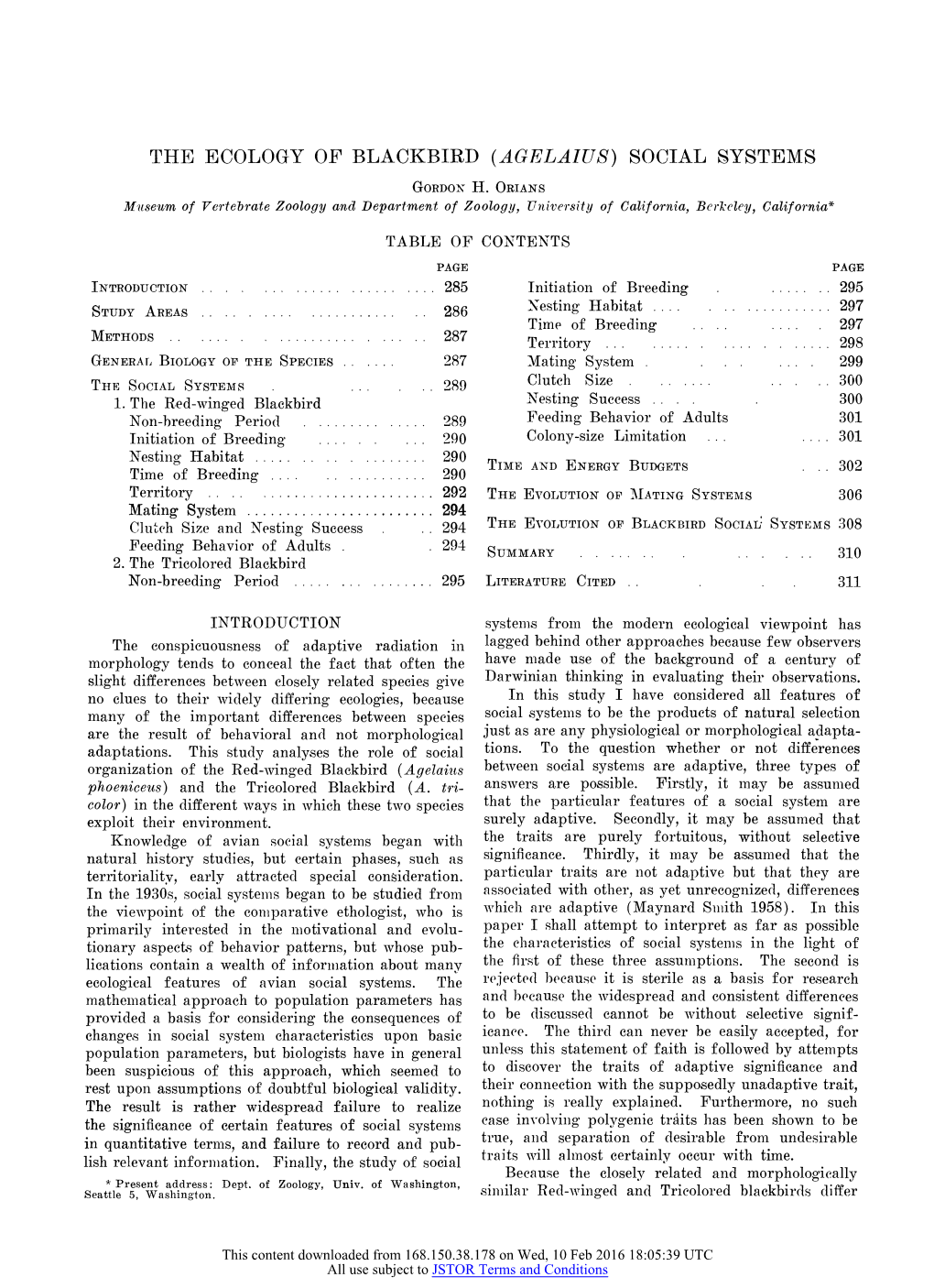 The Ecology of Blackbird (Agelaius) Social Systems