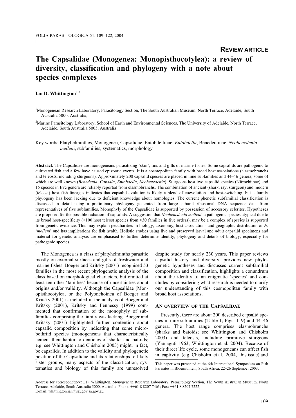 The Capsalidae (Monogenea: Monopisthocotylea): a Review of Diversity, Classification and Phylogeny with a Note About Species Complexes