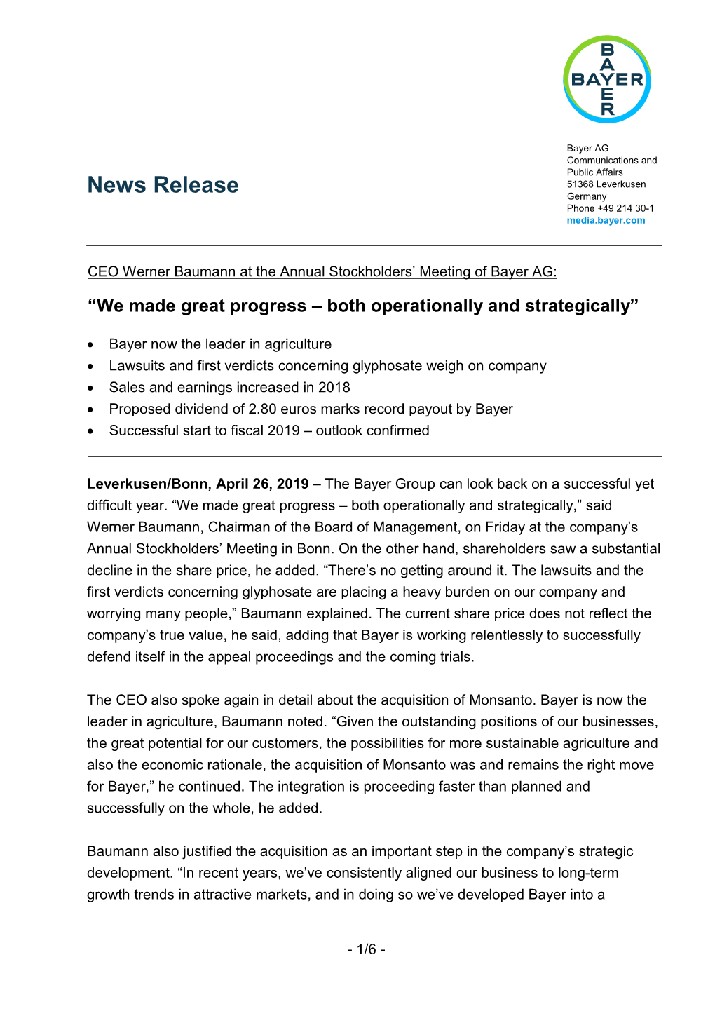 News Release Germany Phone +49 214 30-1 Media.Bayer.Com