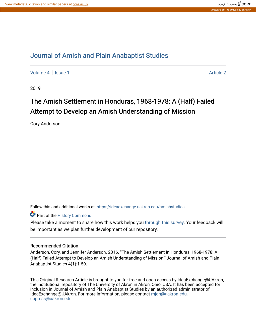 The Amish Settlement in Honduras, 1968-1978: a (Half) Failed Attempt to Develop an Amish Understanding of Mission