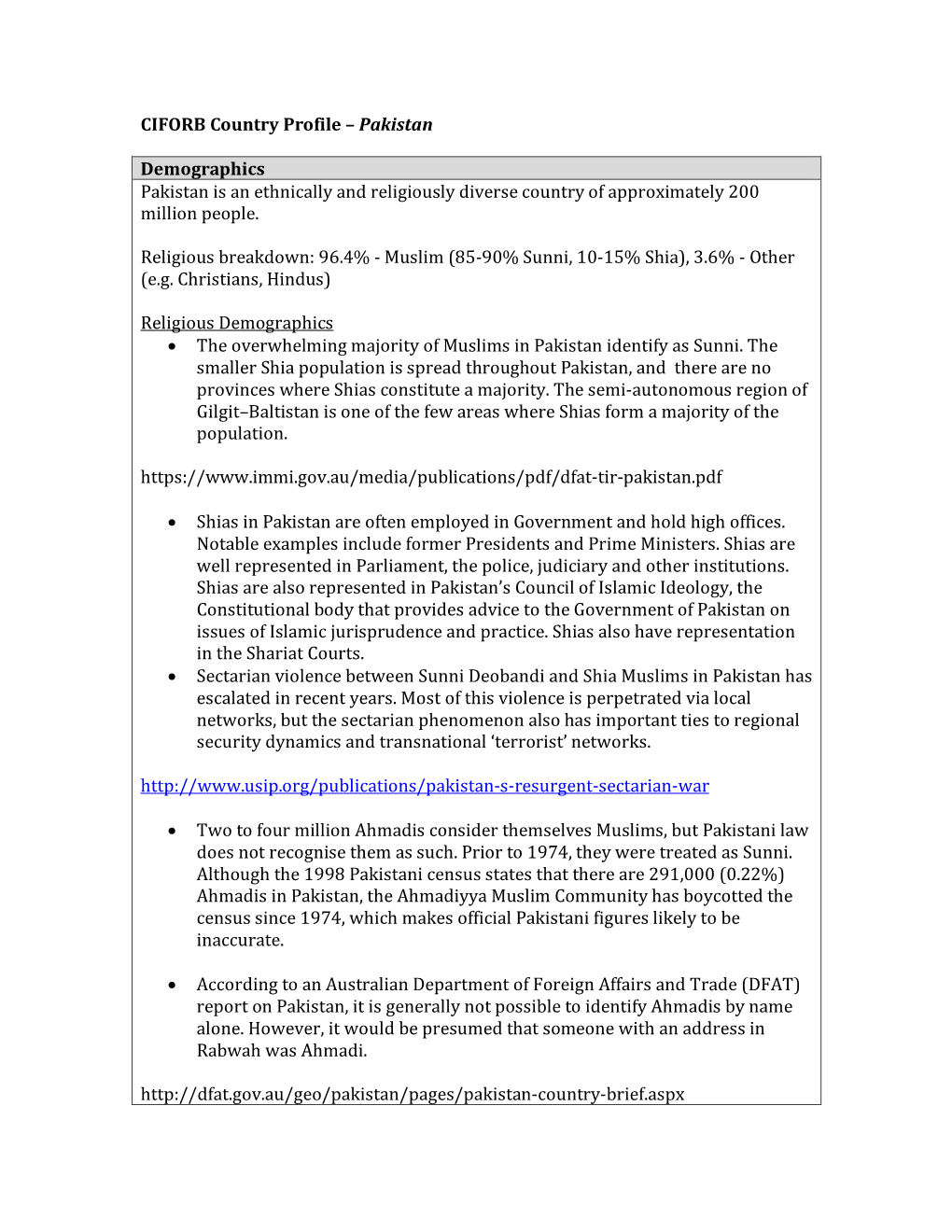 CIFORB Country Profile – Pakistan Demographics Pakistan Is an Ethnically and Religiously Diverse Country of Approximately 20
