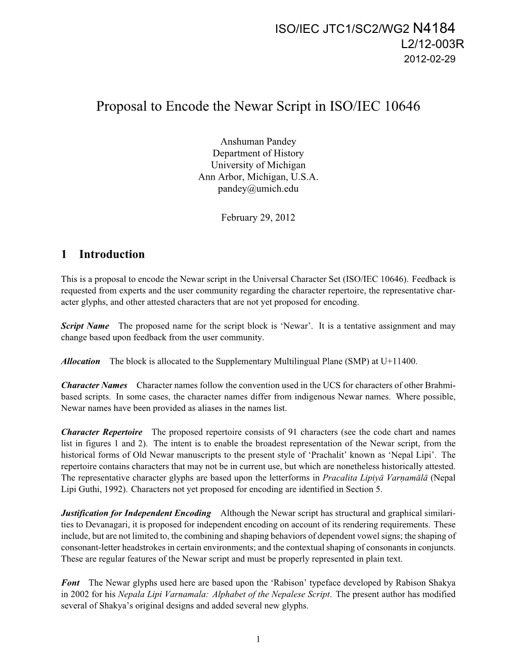 N4184 Proposal to Encode the Newar Script in ISO/IEC 10646
