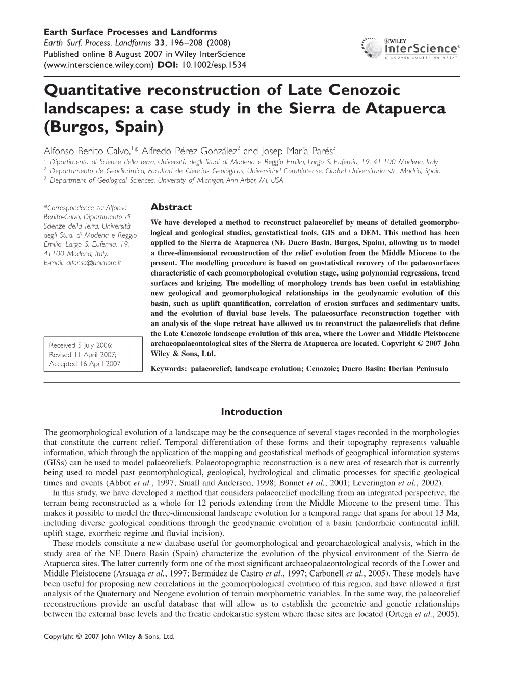 Quantitative Reconstruction of Late Cenozoic Landscapes: a Case Study in the Sierra De Atapuerca (Burgos, Spain)