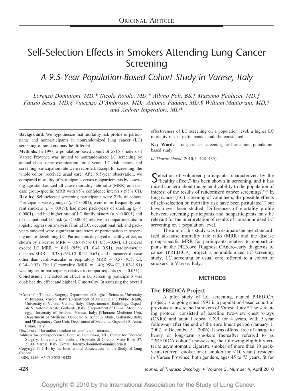 Self-Selection Effects in Smokers Attending Lung Cancer Screening a 9.5-Year Population-Based Cohort Study in Varese, Italy