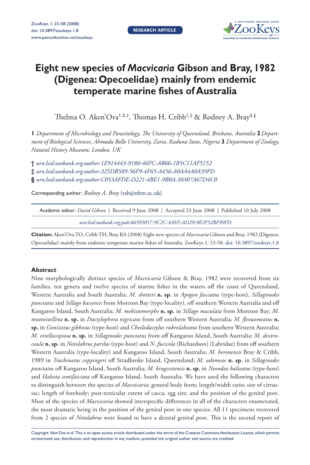 (Digenea: Opecoelidae) Mainly from Endemic Temperate Marine Fishes of Australia