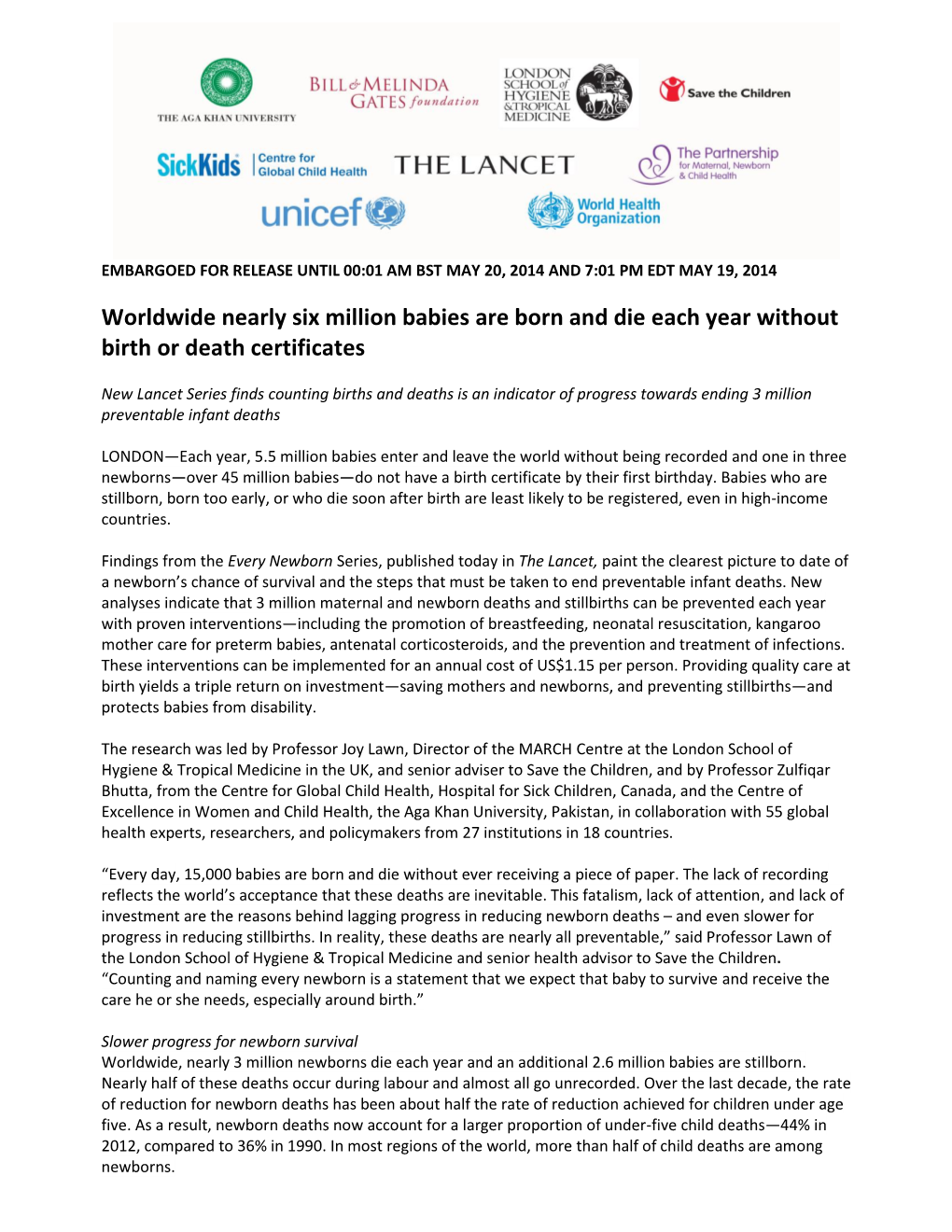 DRAFT Lancet Every Newborn Partner Press Release 8 May V1