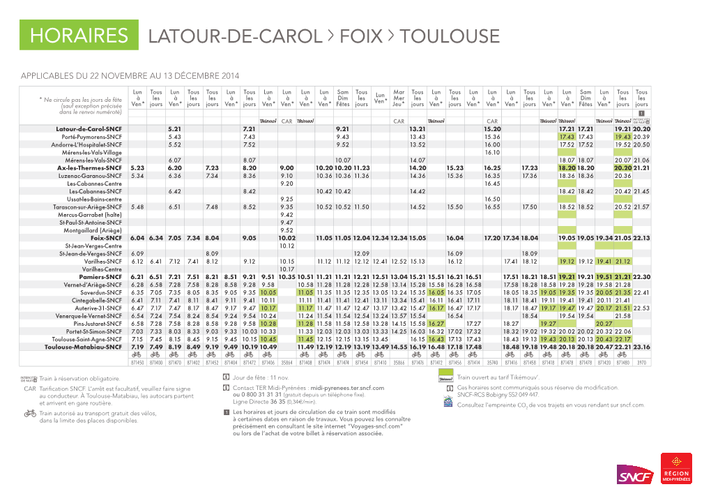 HORAIRES LATOUR-DE-CAROL > FOIX > TOULOUSE