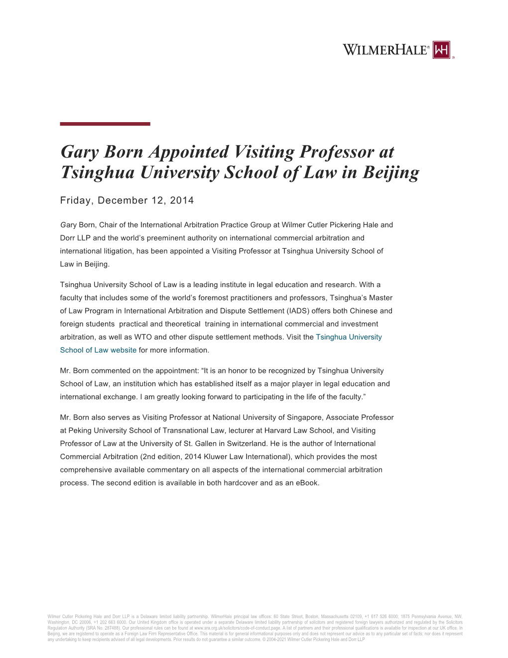 Gary Born Appointed Visiting Professor at Tsinghua University School of Law in Beijing