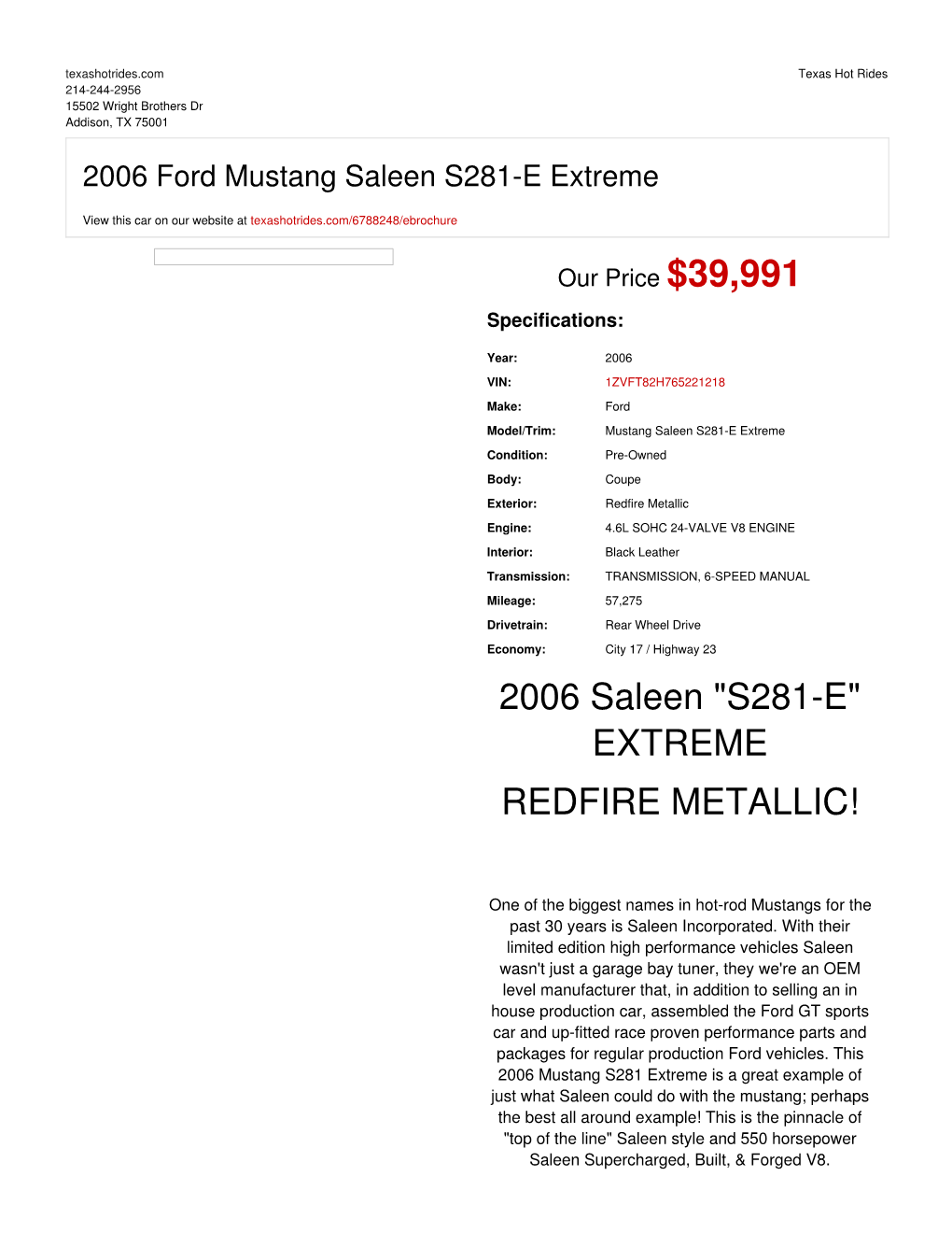 2006 Ford Mustang Saleen S281-E Extreme | Addison, TX | Texas Hot
