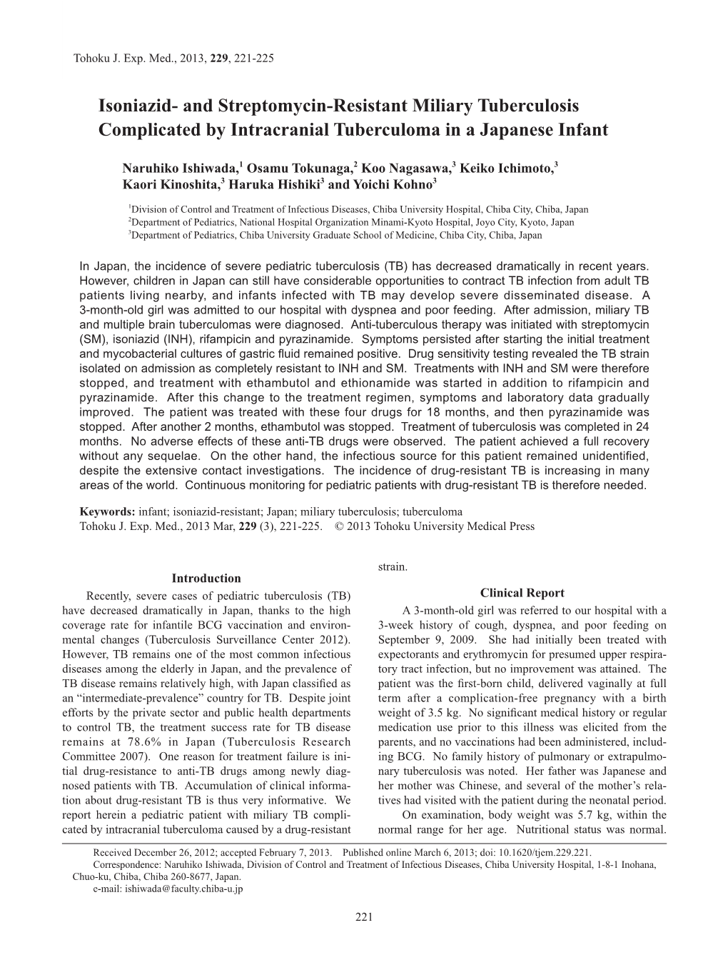 And Streptomycin-Resistant Miliary Tuberculosis Complicated by Intracranial Tuberculoma in a Japanese Infant