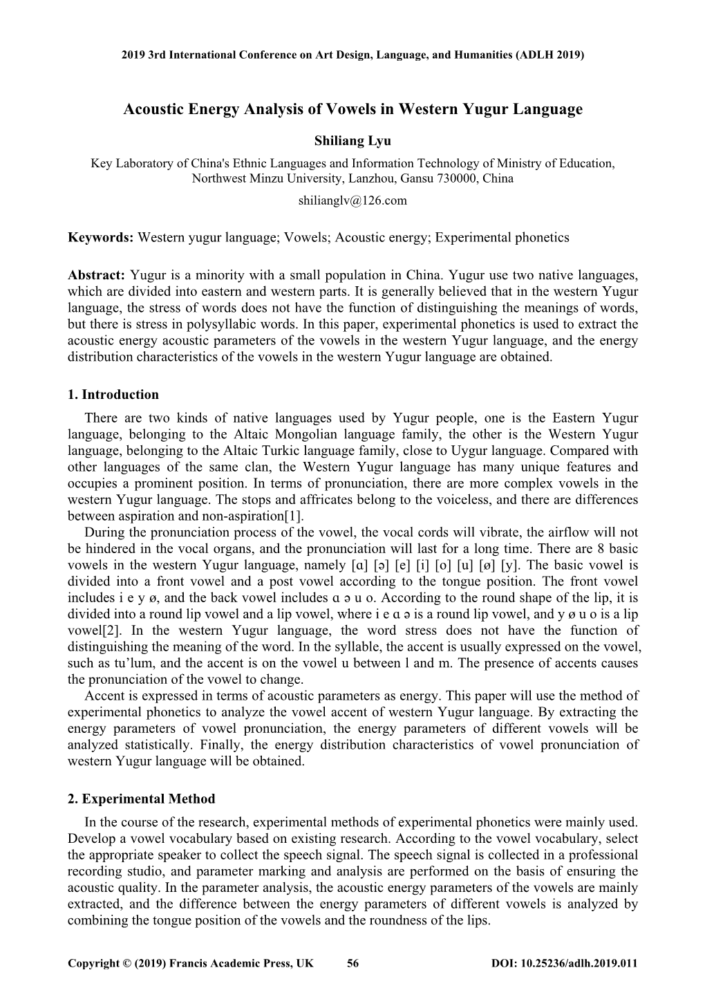 Acoustic Energy Analysis of Vowels in Western Yugur Language