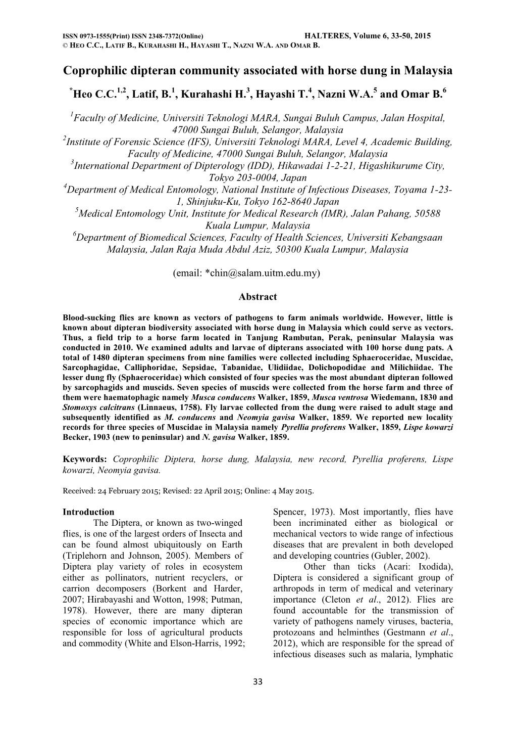 Coprophilic Dipteran Community Associated with Horse Dung in Malaysia