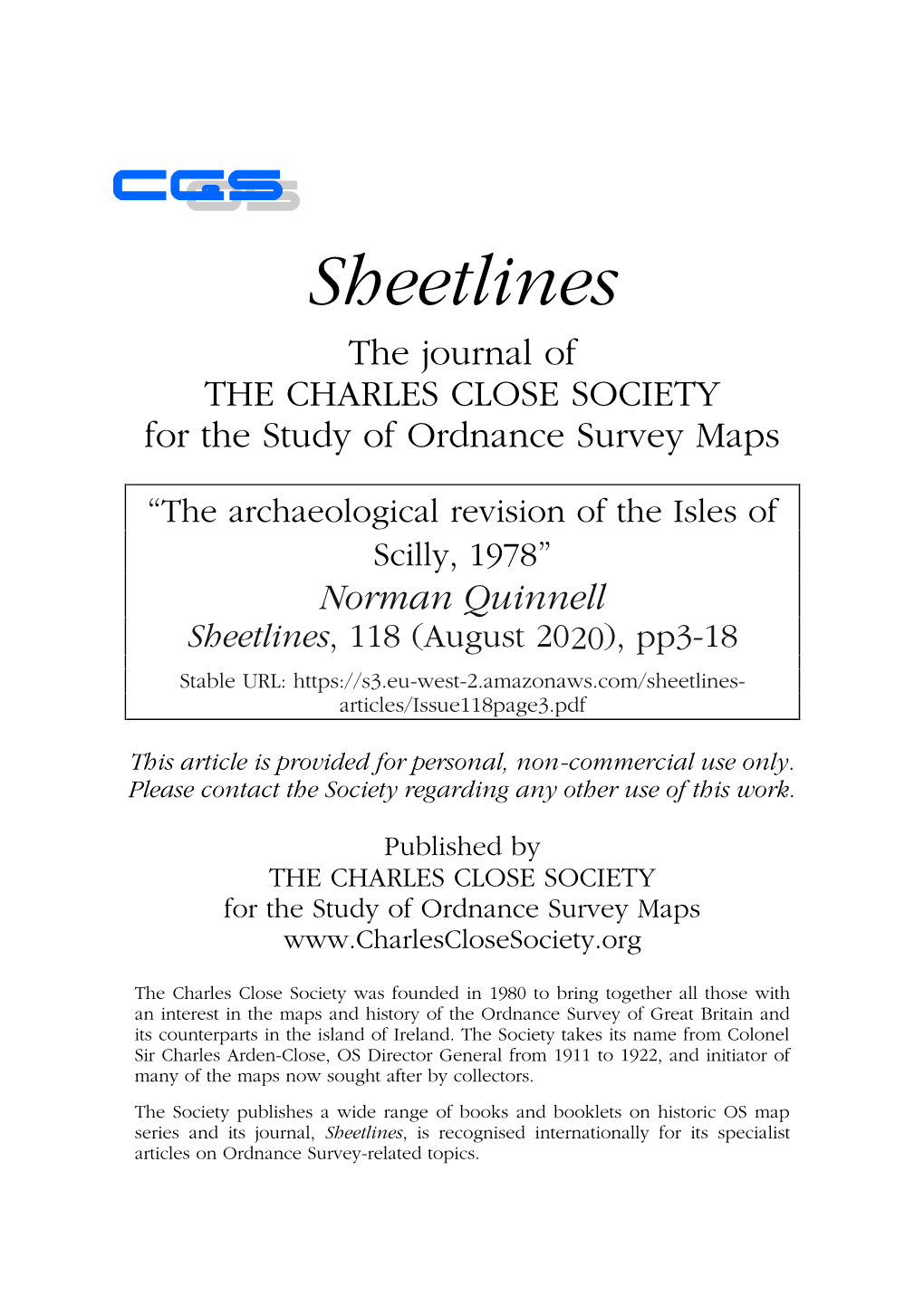 Sheetlines the Journal of the CHARLES CLOSE SOCIETY for the Study of Ordnance Survey Maps