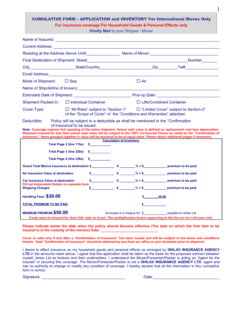CUMULATIVE FORM APPLICATION and INVENTORY for International Moves Only