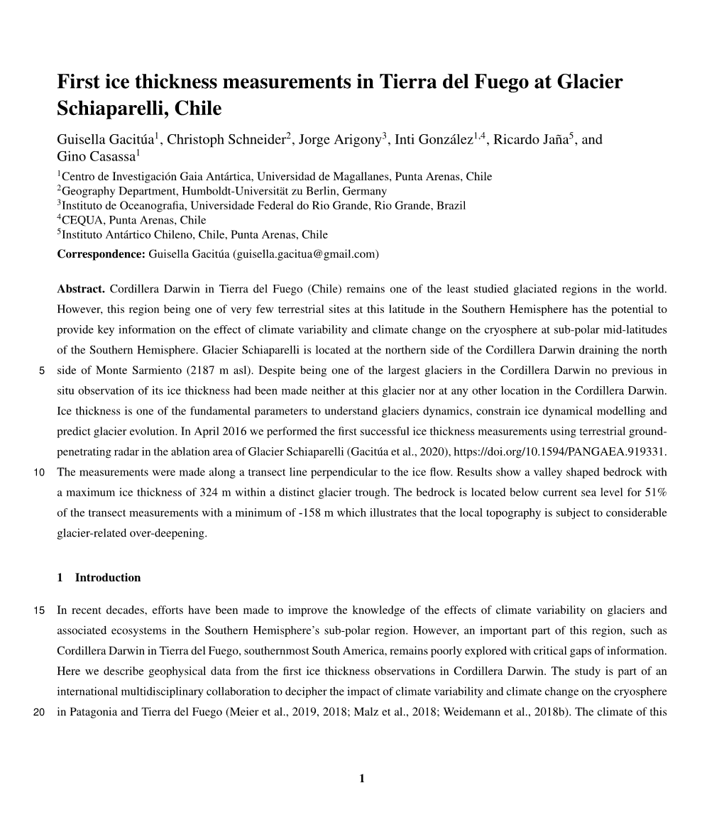 First Ice Thickness Measurements in Tierra Del Fuego at Glacier