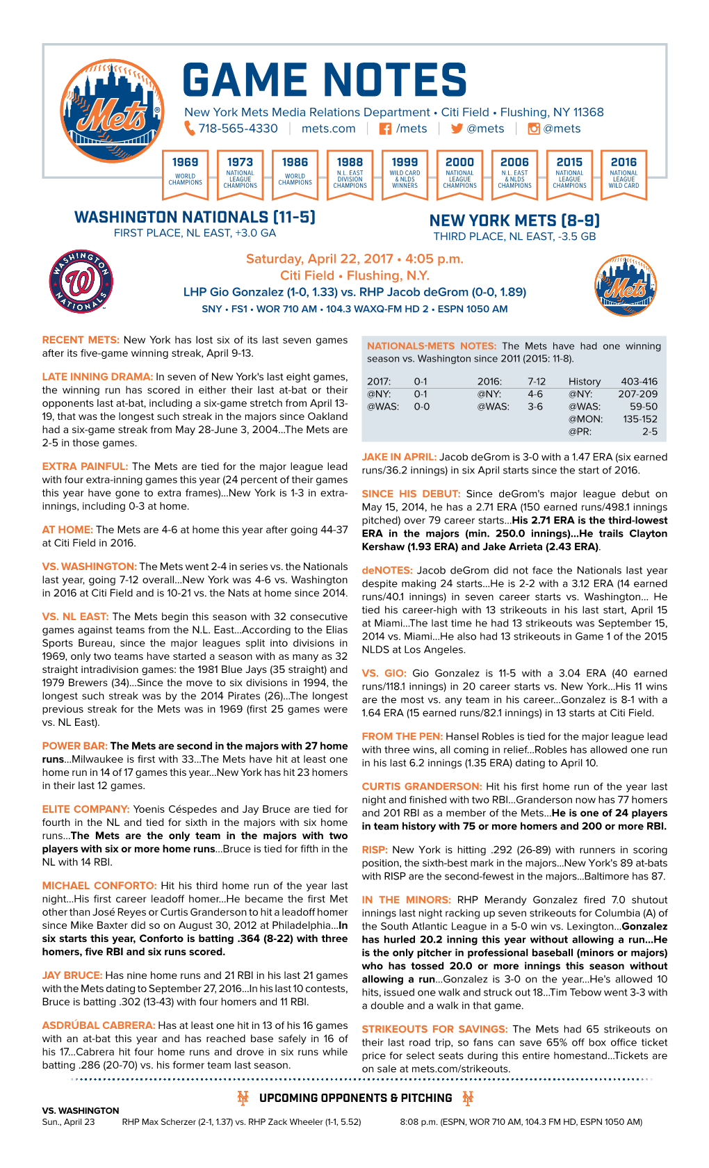 GAME NOTES New York Mets Media Relations Department • Citi Field • Flushing, NY 11368 718-565-4330 | Mets.Com | /Mets | @Mets | @Mets