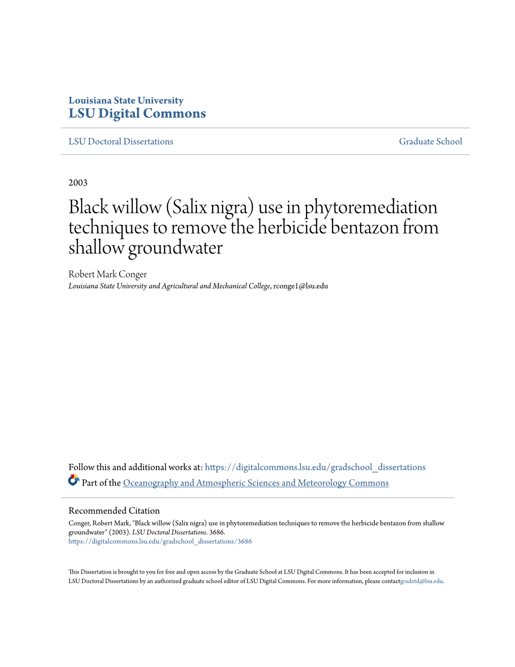 Black Willow (Salix Nigra) Use in Phytoremediation Techniques To