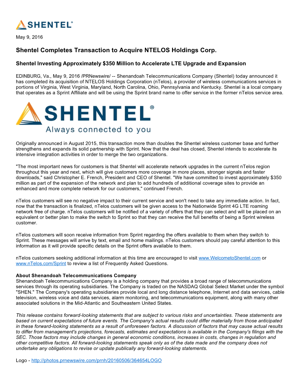 Shentel Completes Transaction to Acquire NTELOS Holdings Corp