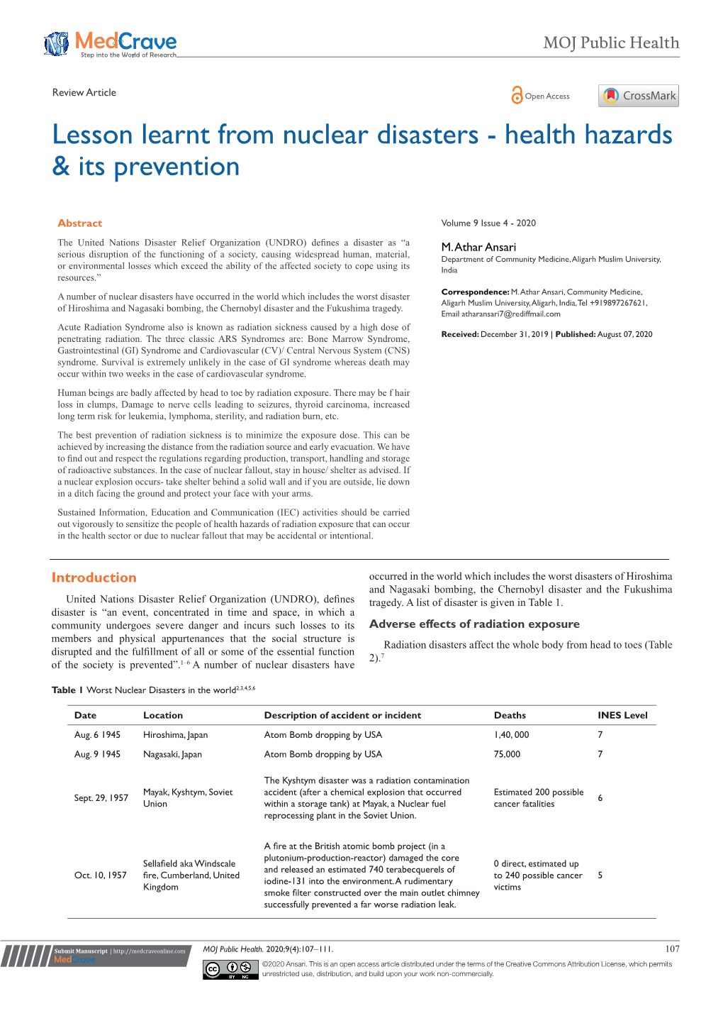 Lesson Learnt from Nuclear Disasters - Health Hazards & Its Prevention