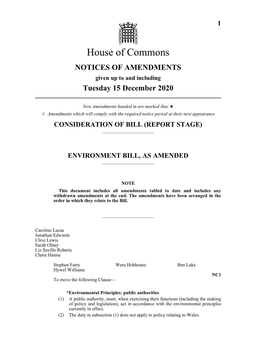 Notices of Amendments As at 15 December 2020