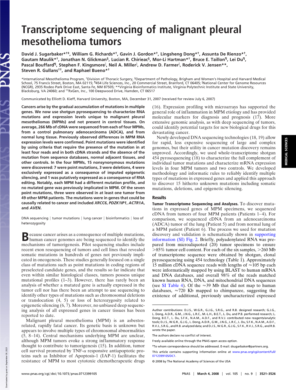 Transcriptome Sequencing of Malignant Pleural Mesothelioma Tumors