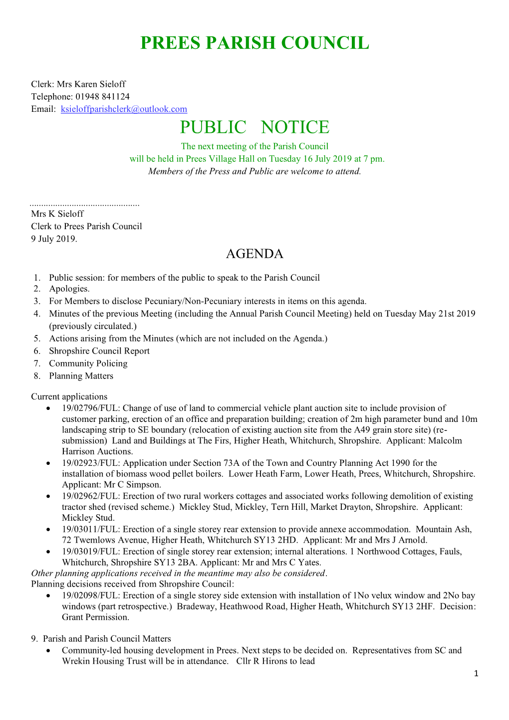 Prees Parish Council Public Notice