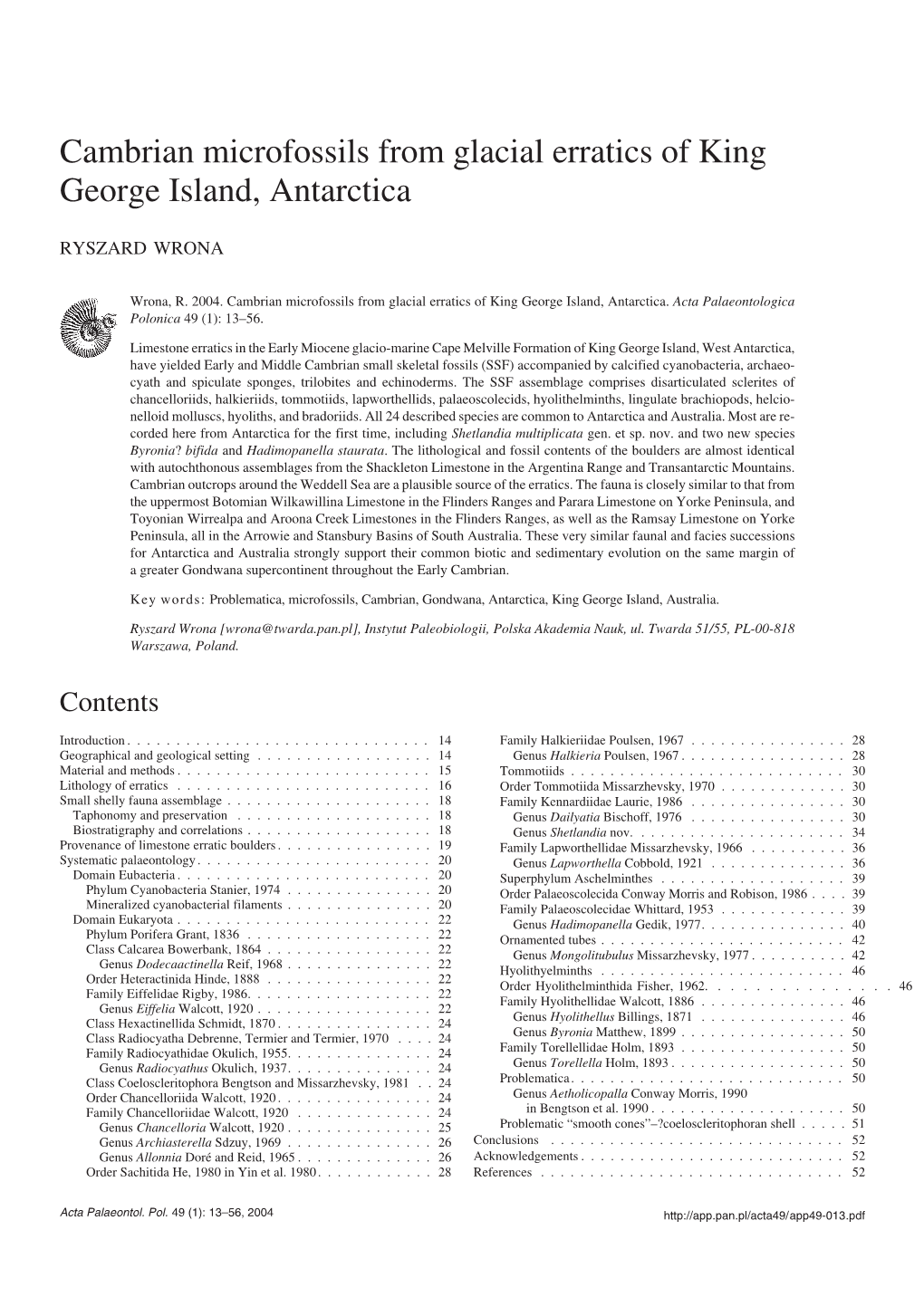 Cambrian Microfossils from Glacial Erratics of King George Island, Antarctica