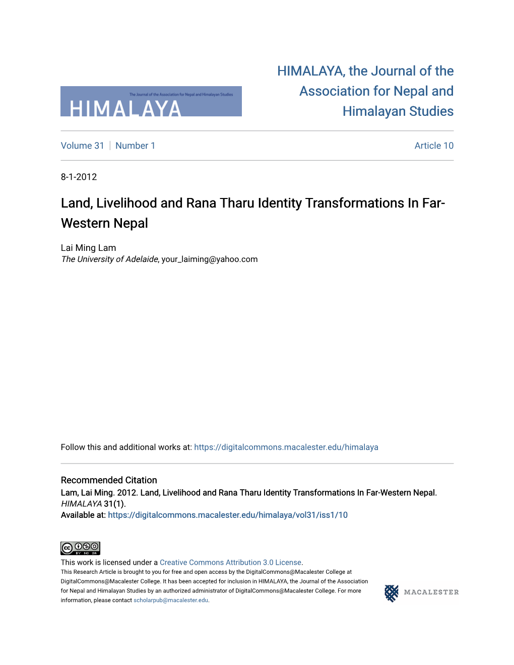 Land, Livelihood and Rana Tharu Identity Transformations in Far- Western Nepal