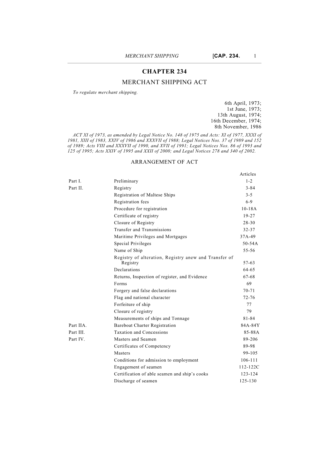 CHAPTER 234 MERCHANT SHIPPING ACT to Regulate Merchant Shipping