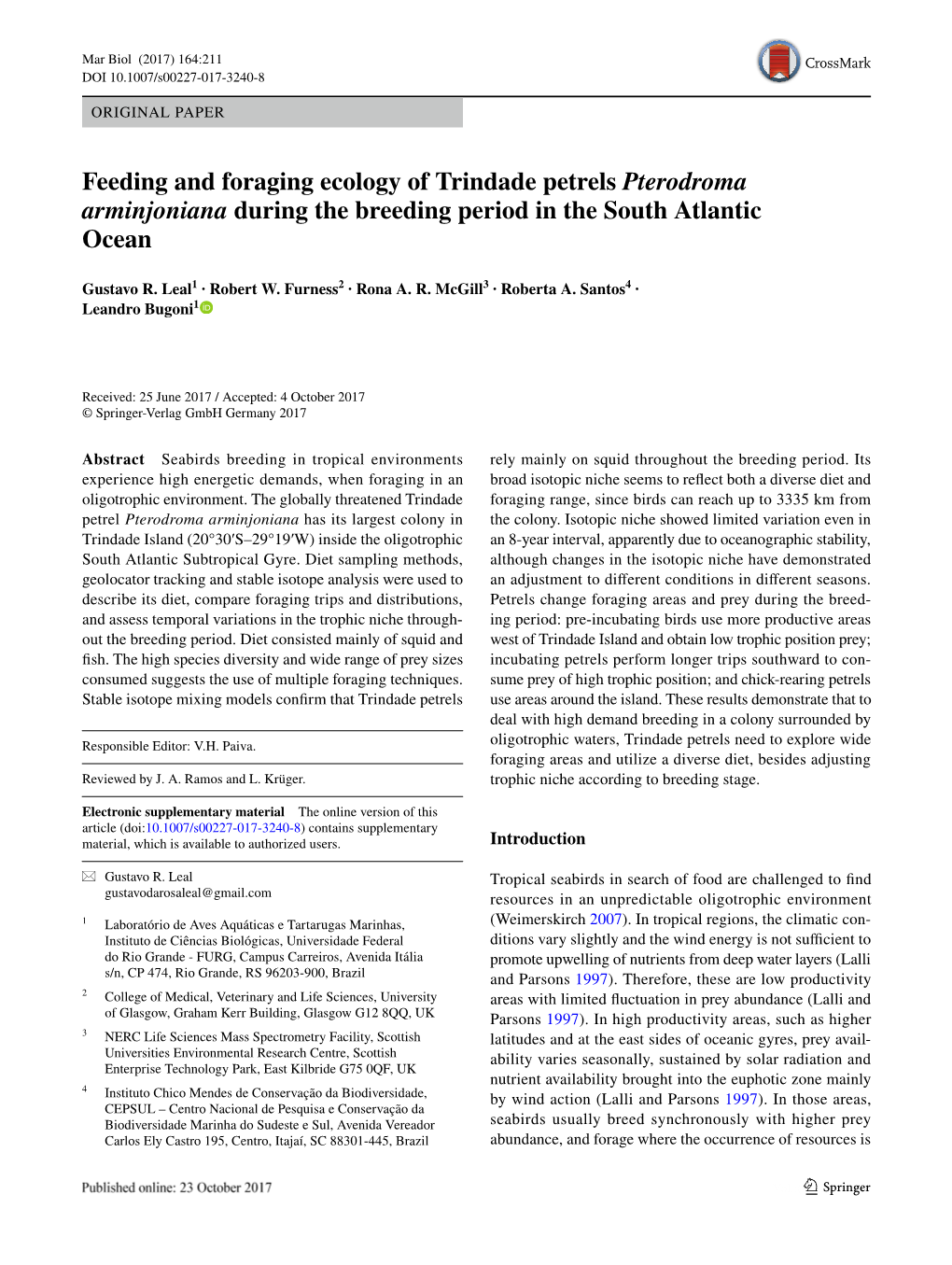 Feeding and Foraging Ecology of Trindade Petrels Pterodroma Arminjoniana During the Breeding Period in the South Atlantic Ocean