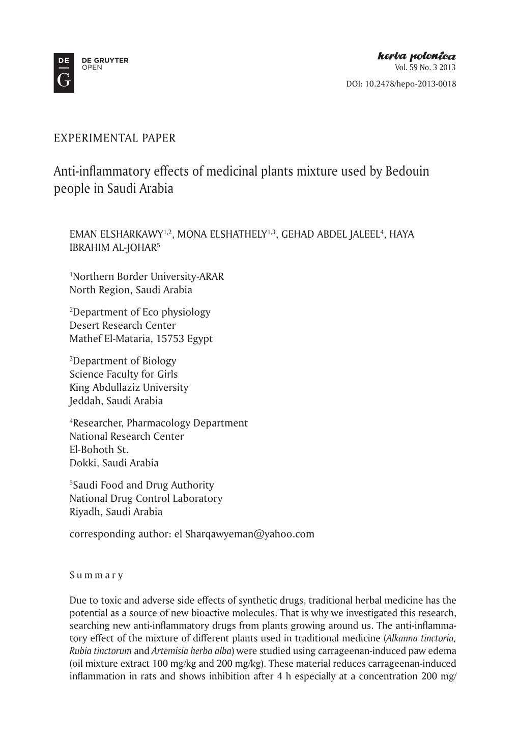 Anti-Inflammatory Effects of Medicinal Plants Mixture Used by Bedouin People in Saudi Arabia