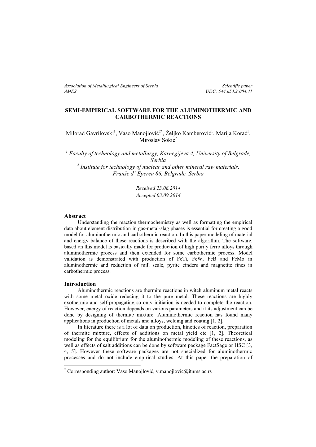 Semi-Empirical Software for the Aluminothermic and Carbothermic Reactions