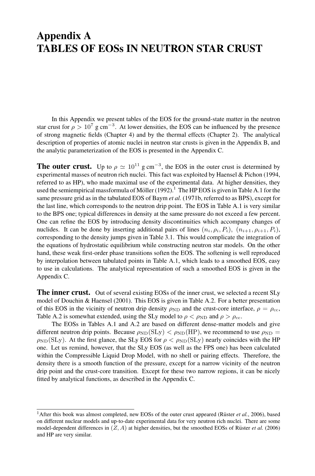 Appendix a TABLES of Eoss in NEUTRON STAR CRUST